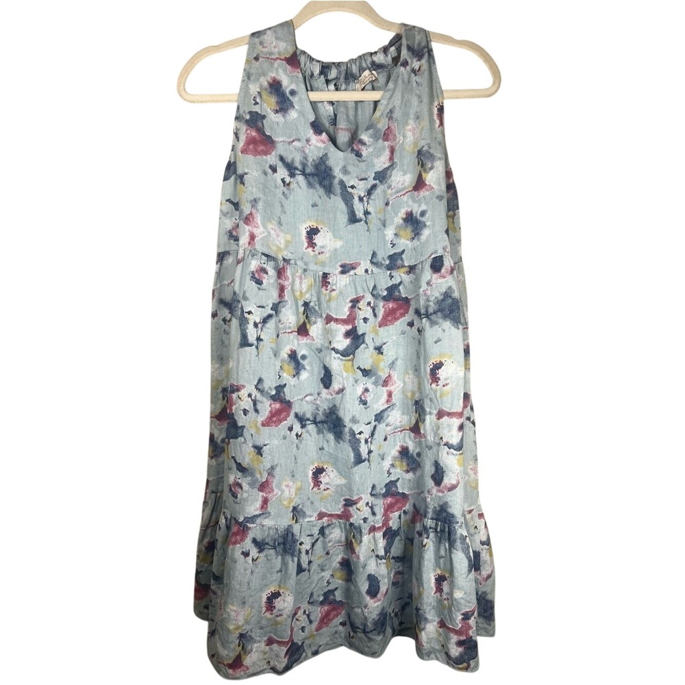 Bellambra Italy 100% Linen Tiered Dress Medium Blue Watercolor Abstract Floral